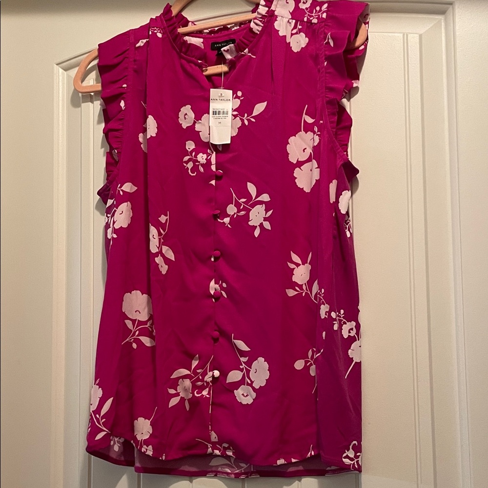 Ann Taylor Magenta Floral Ruffle Blouse